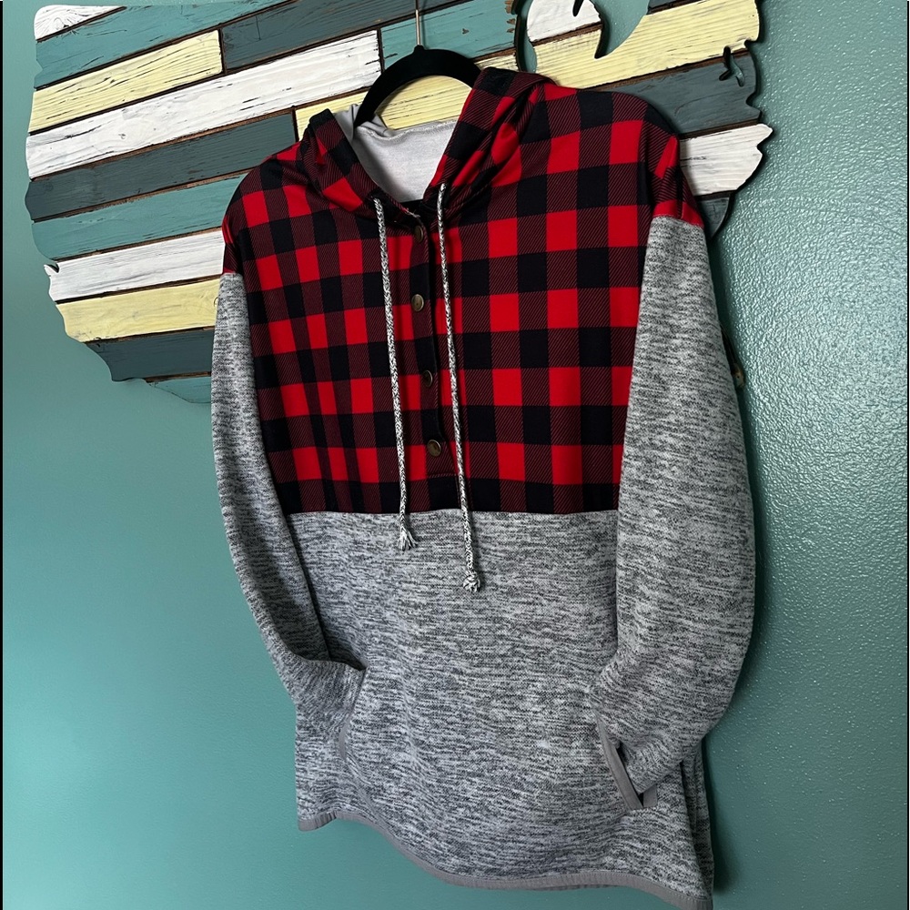 Buffalo plaid with grey sweatshirt hoodie.